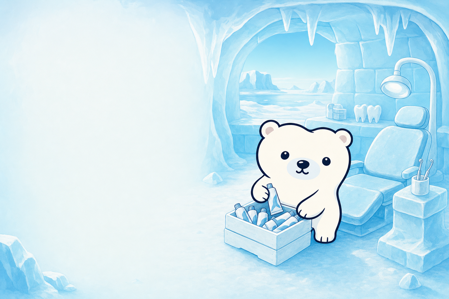 Molar Bear in his ice-block dental clinic beside a crate of unopened toothpaste